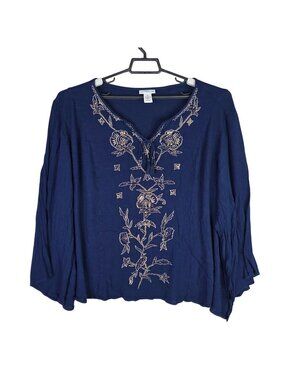 Womens Catherines Navy Embroidered Floral Tunic Top 100% Rayon Long Sleeve 3X